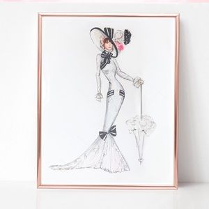 Original Fashion Illustration- Ascot Day - My Fair Lady - Audrey Hepburn, white